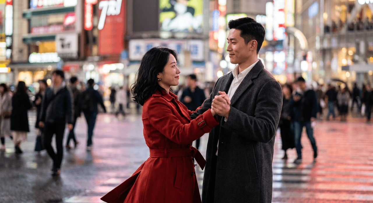 Crossing street couple