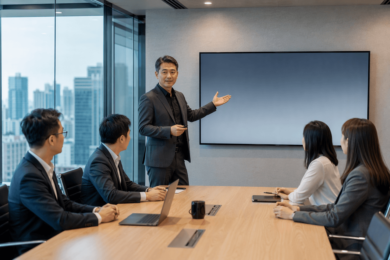 Boardroom presentation, blank screen