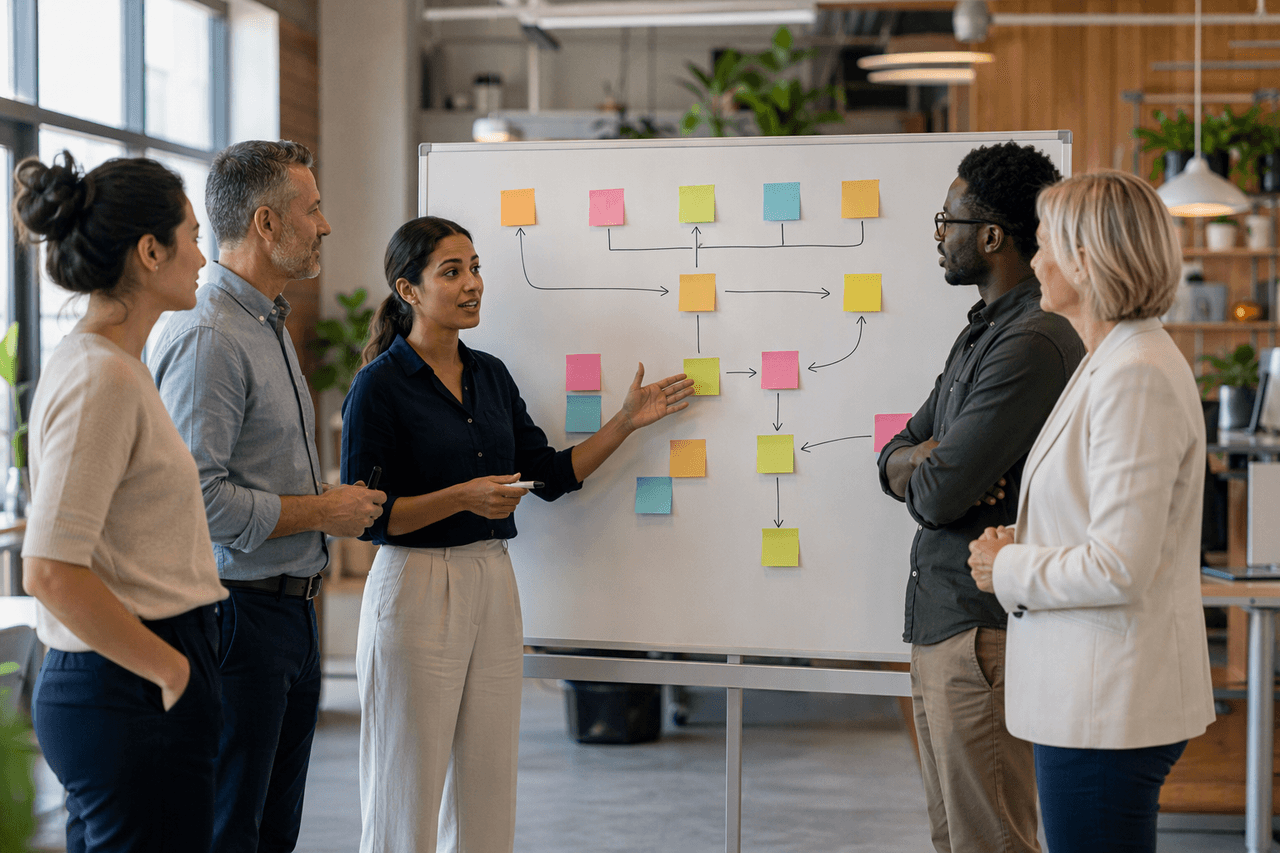 Team standup at a whiteboard