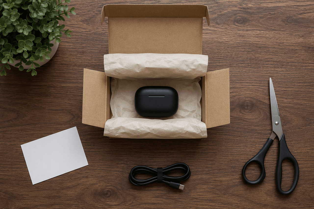 Unboxing flat lay on walnut desk