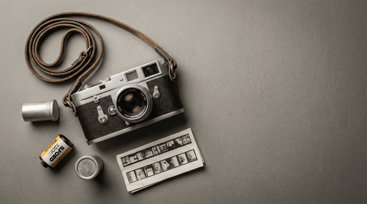 Vintage camera flat lay